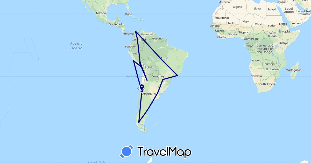 TravelMap itinerary: driving in Argentina, Brazil, Chile, Colombia, Peru (South America)